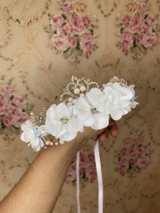 Tiara Perla, Evory, Blanca para Bautizo con Flores Encantadas