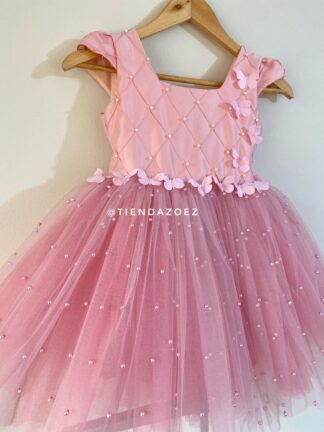 Vestido de Fiesta para Niña con Mariposas en color Palorosa bebe con perlas