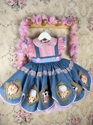 vestido granjita rosado con muñecos de granja bebes