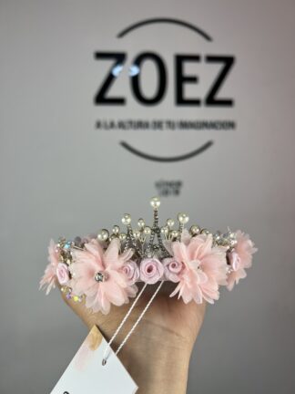 Tiara Nude Rosa  con corona y flores para Pequeñas Princesas
